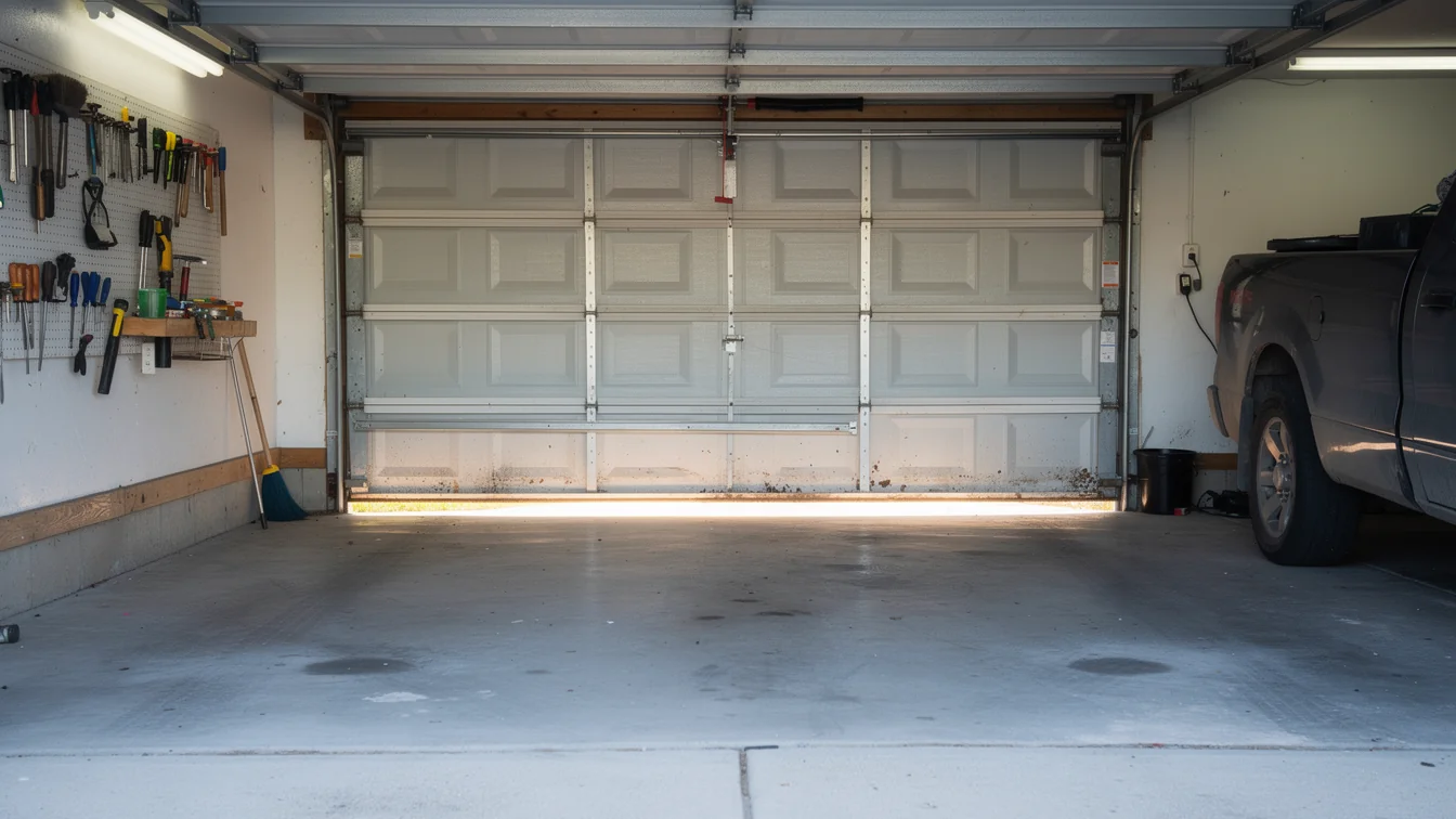 The white garage door is closed, with a truck parked on the right.