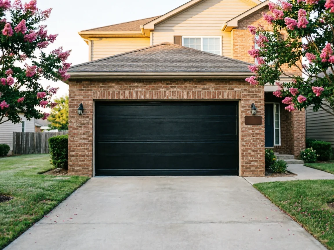 A black garage door is on a brick house with pink flowering trees.