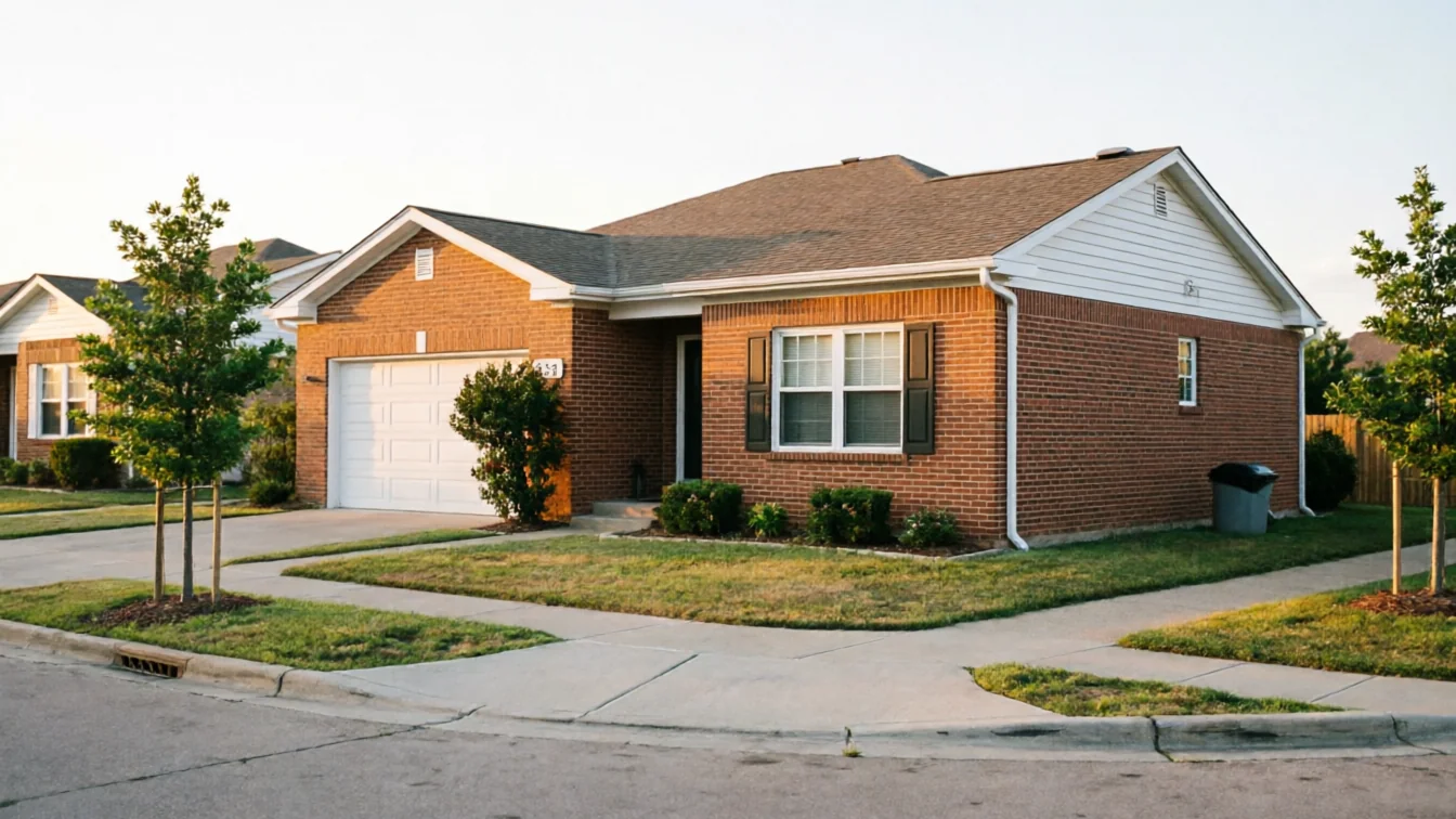 A brick house with a white garage door and dark shutters sits on a corner lot.